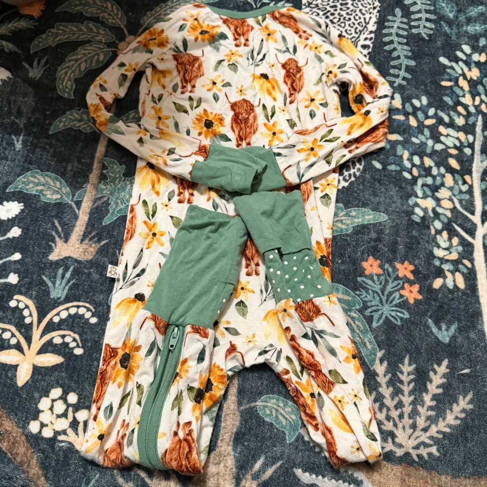 Monkeeroos Bamboo Pajamas 18-24 mo Highland Cow Floral Print Snug Fit Sleepwear - Picture 5 of 5